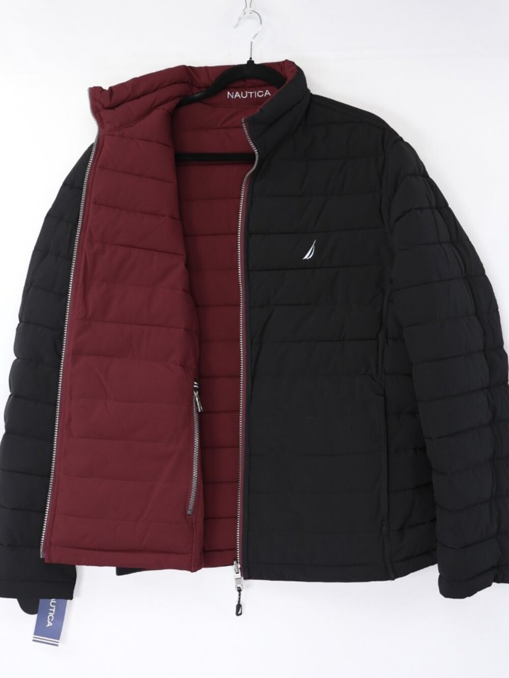Nautica Reversible Puffer Jacket Stretch Water Resistant Bold Burgundy Black